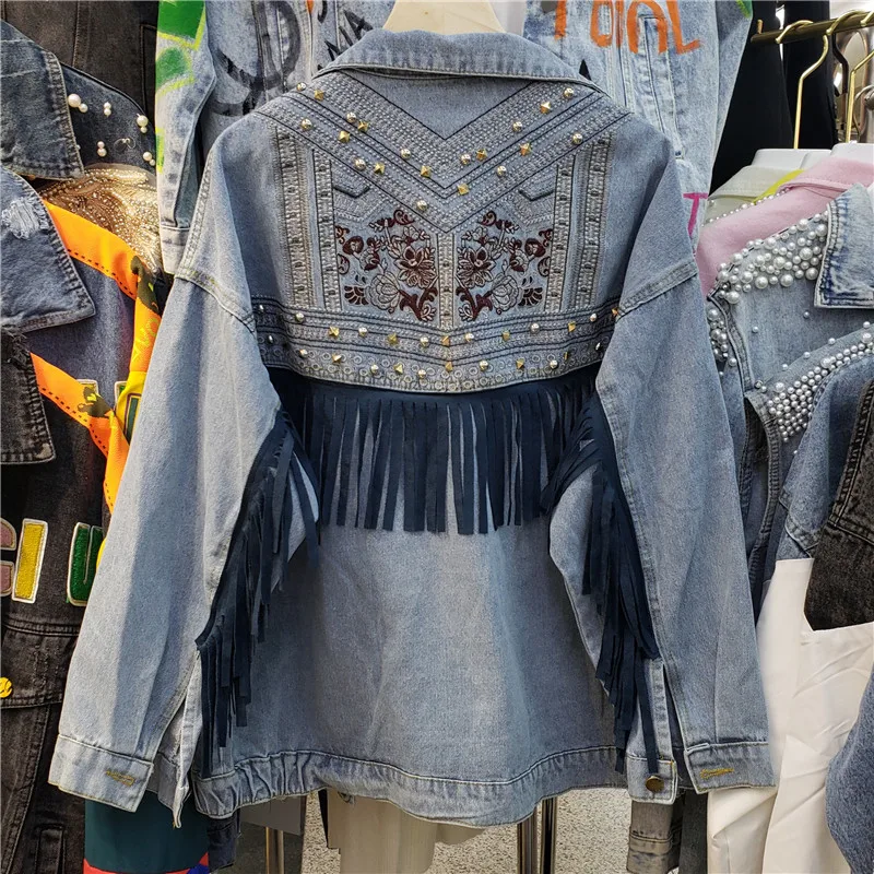 

Harajuku Washed Light Blue Denim Jacket Women Fashion Rivet Beaded Flower Embroidery Tassel Casual Autumn Jaqueta Jeans Feminina