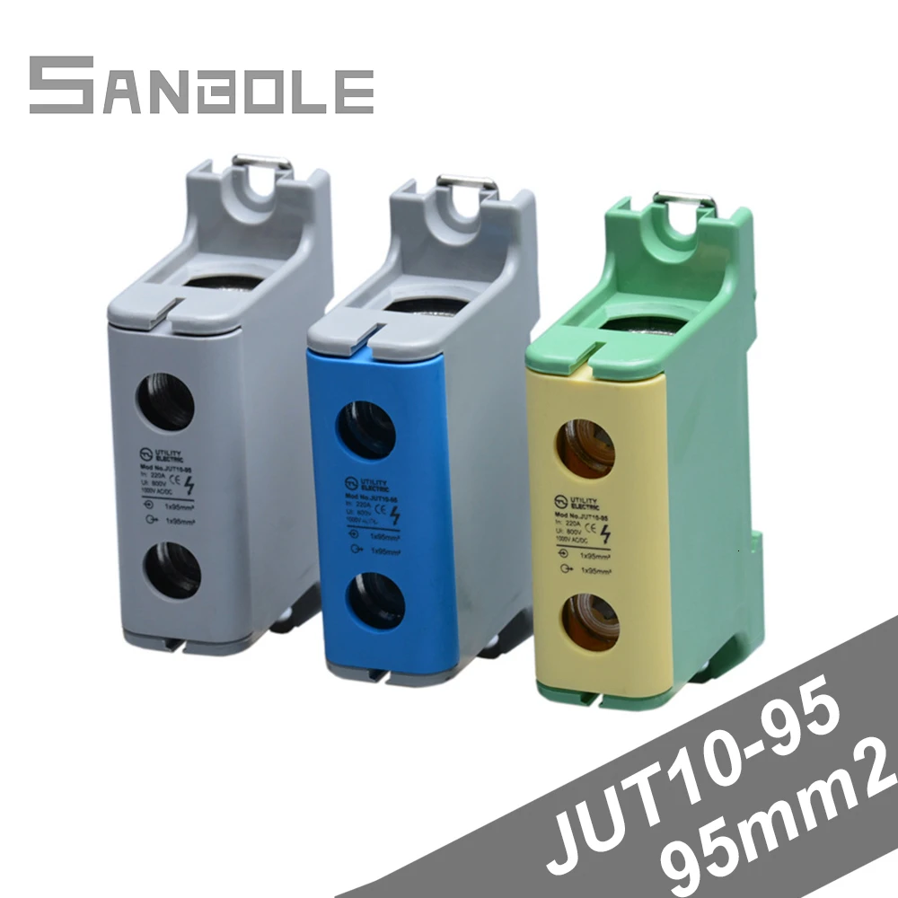 

95mm2 Single Pole DIN Rail Mounted Aluminum Type Guide Electrical 1P Barrier Screw 1 In 1 Out Terminal Block JUT10-95