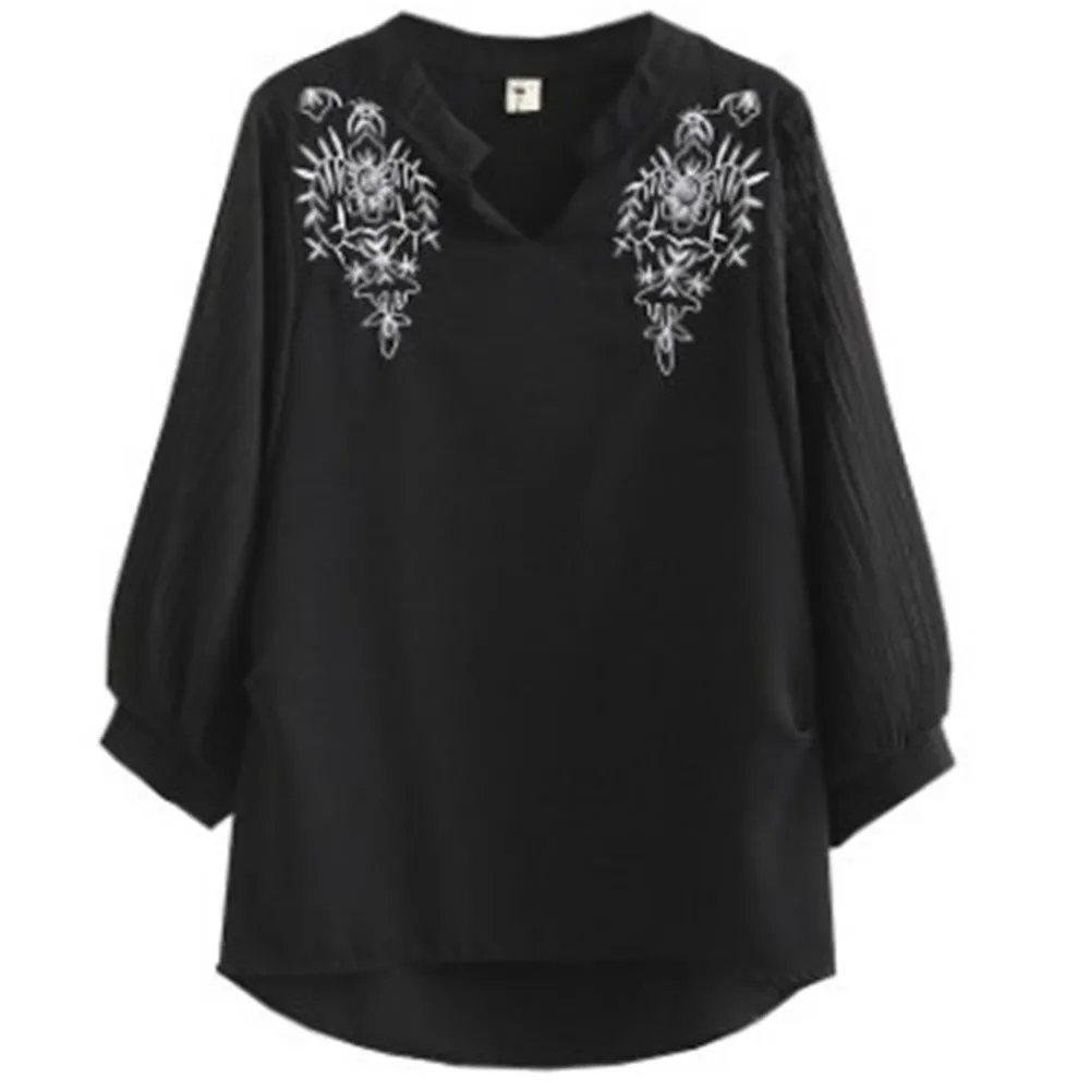 2021 Women Summer Summer Bress Large Size Women\'s Small Fat V-Neck Top Cover Delly Thin Western Style Embroidered Chiffon Shirt