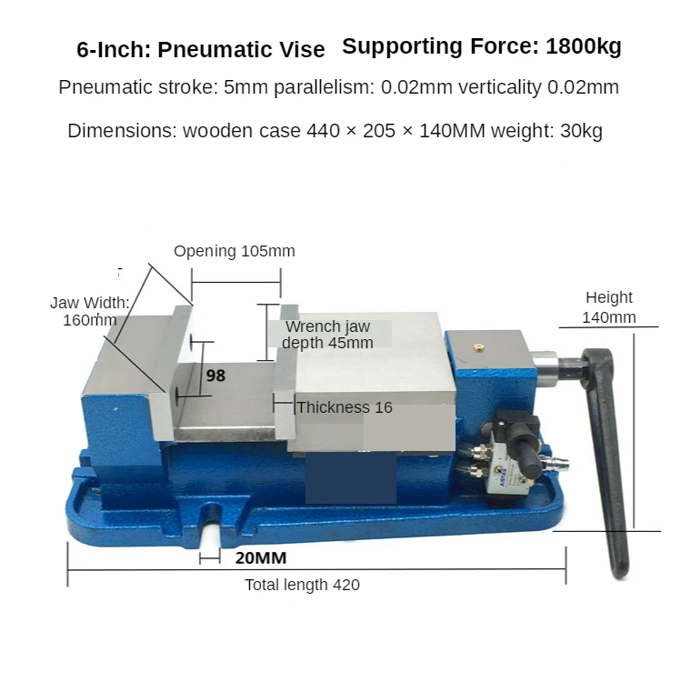 High-precision 6-inch pneumatic vise Quick clamp milling machine angle-solid vise quick-action pneumatic pliers CNC heavy