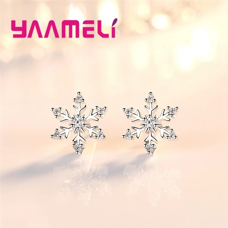 Cute Clear Stone Snow Flower Shaped Stud Earrings 925 Sterling Silver Cubic Zirconia for Women Christmas Party Gifts