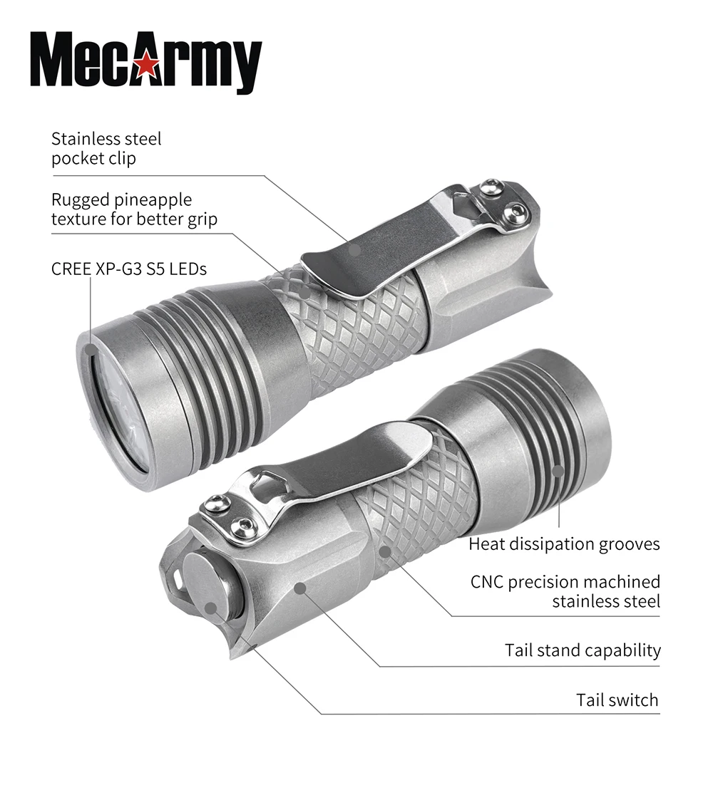 MecArmy PS16 Compact EDC Flashlight 4*CREE XP-G3 S5 LEDs Max 2000LM beam distance 146m torch with USB charge 16340 battery