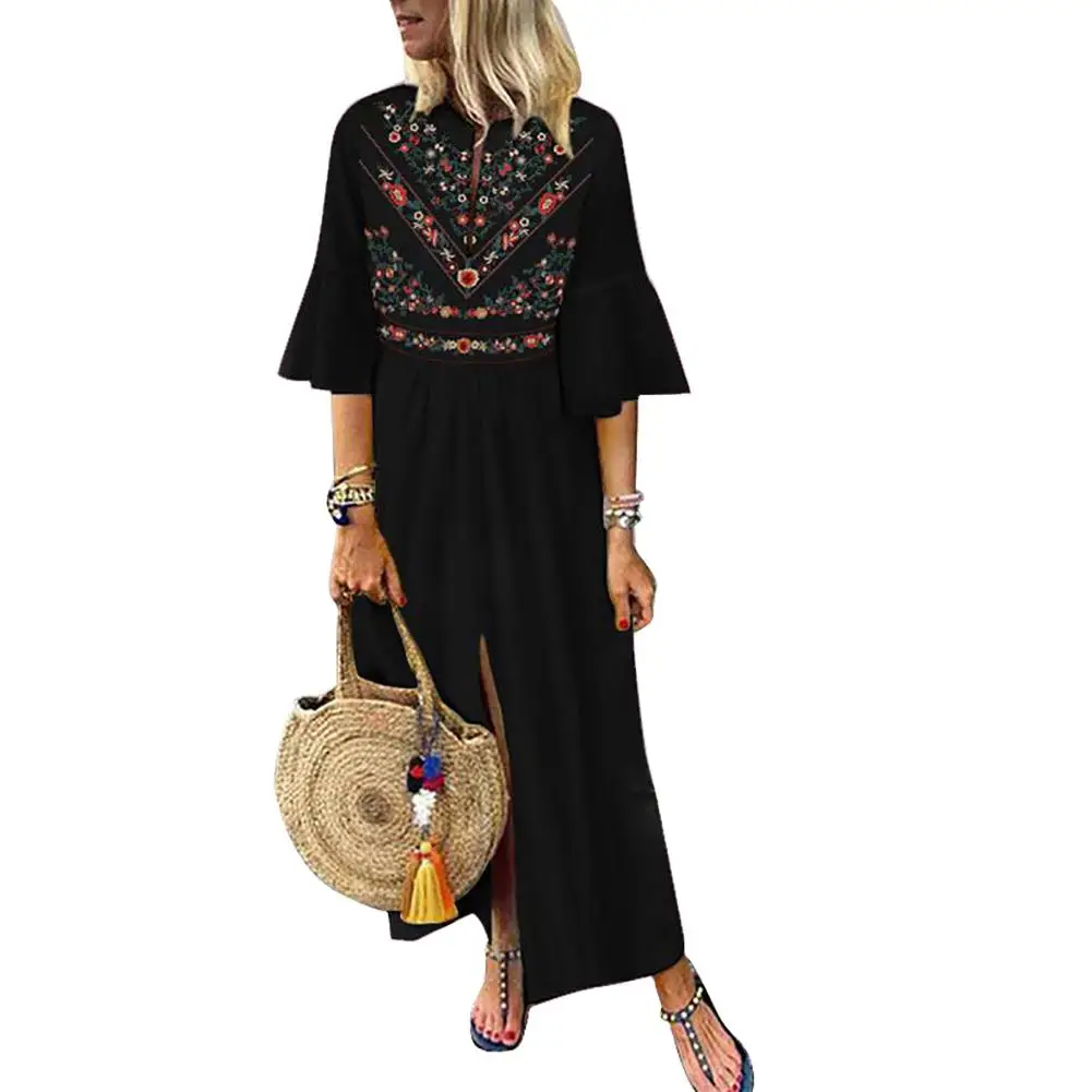 

Hot Loose Dress Women Ethnic Flare Sleeve V Neck Floral Print Split A-Line Maxi Dress Vintage