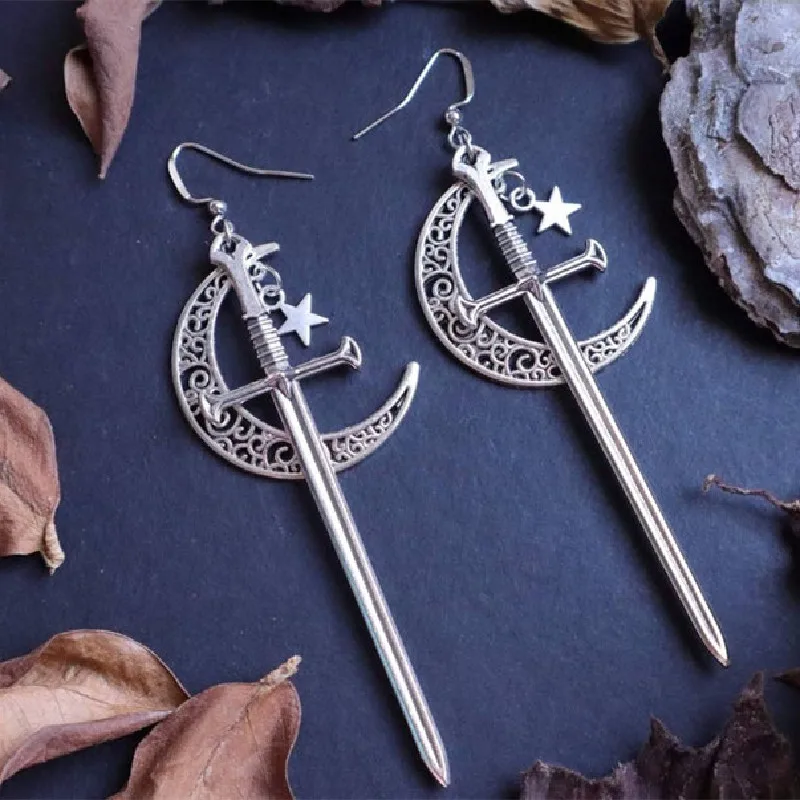 New Gothic Moon Sword Earrings Long Witchy Medieval Viking Alternative Goth Boho Jewelry Creativity Punk Fashion Women Gift