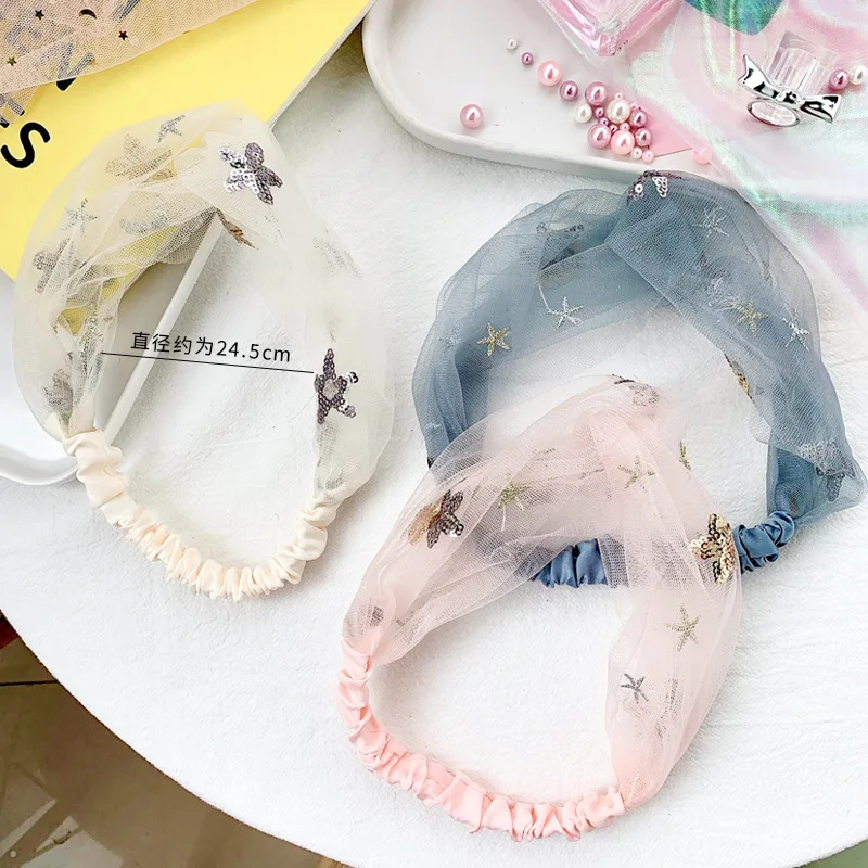 

Lace Turban Headband Cute Sequin Star Gauze Headband Stretch Headband for Women Girl Headwear Hair Accessories