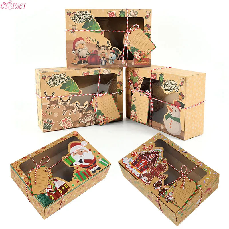 

3Pcs Large Size Christmas Candy Cookie Kraft Paper Box With Plastic PVC Window Gingerbread Chocolate Gift Cardboard Gift Box