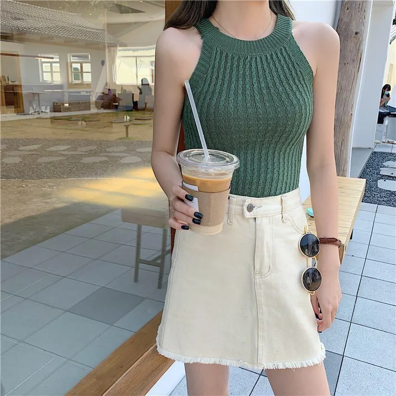 Pearl Diary Women Solid Tank Tops Summer Elegant Knitted Sleeveless Street Solid Crop Camisole Strapless Round Neck Tops