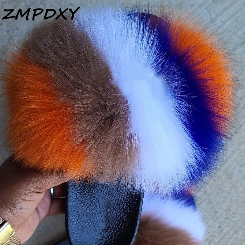 Women Fur Slides Real Fox Fur Slippers Rainbow Plush Furry Fur Flip Flops Fashion Ladies Comfortable EVA Flat Fluffy Fur Shoes