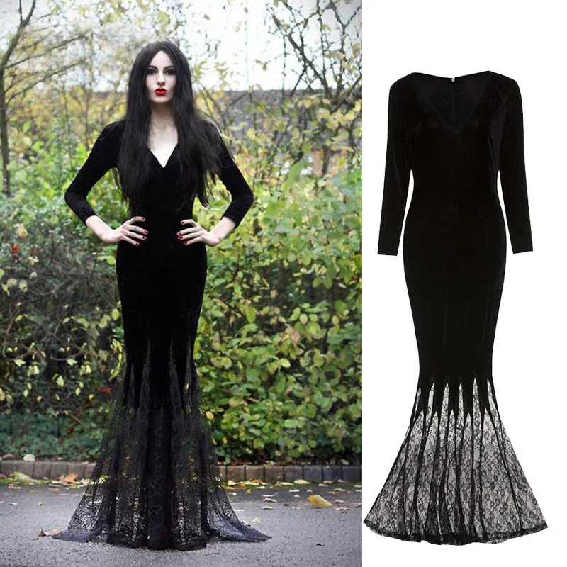 

Female adult goth halloween morticia addams ghost witch costume black floor lace dress robe purim carnival