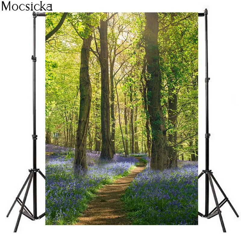 Mocsicka Spring Forest Photography Background Country Lane Purple Flowers Decoration Props Baby Shower Photo Backdrop Studio