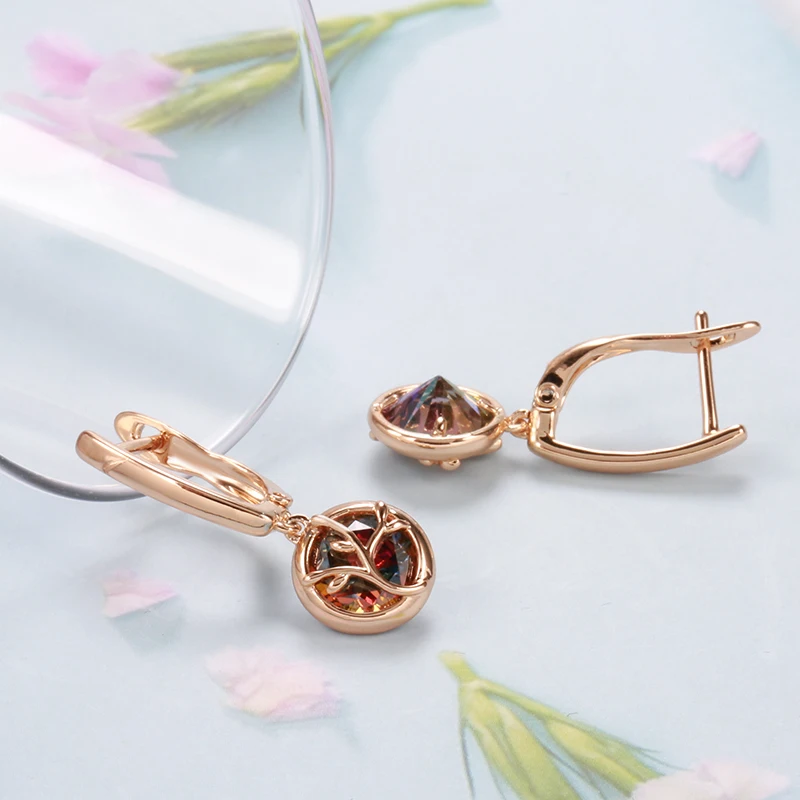 SYOUJYO Fashion Dangle Earrings For Women With Stones Discolored Crystal 585 Rose Gold Color Flower Natural Zircon Fine Jewelry