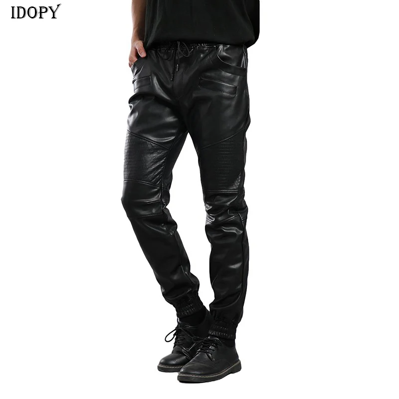 

Idopy Men`s Autumn Faux Leather Joggers Harem Pants Motorcycle Ankle Zipper Elastic Waist Drawstring PU Trousers For Male