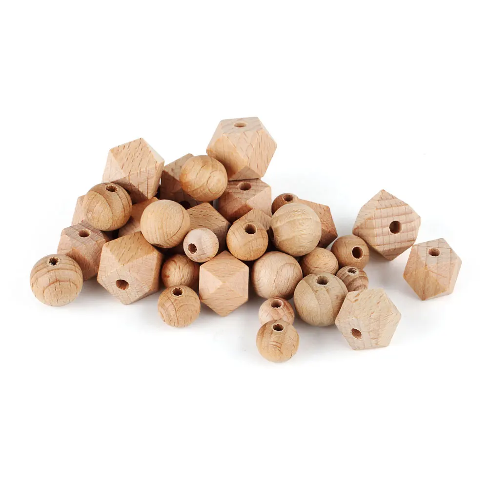 20pcs Wooden Baby Round Hexagon Beads 10mm 12mm 14mm 16mm DIY Pacifier Chain Baby Teething Toys Natural Beech Wood Bead Pearl