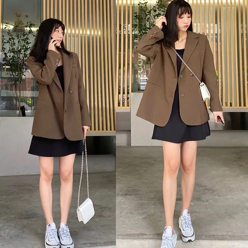 Frauen Blazer Solide Schwarz Braun Lose Casual Alle-spiel Einreiher Zurück Split Mode Koreanischen Stil Studenten Outwear Chic neue