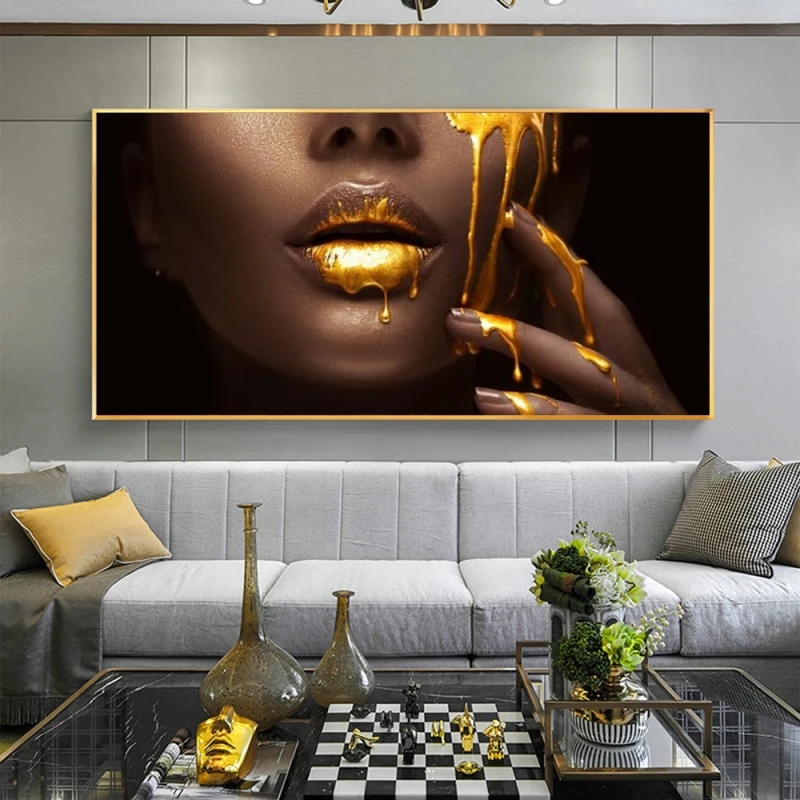 

Golden African Woman Face Canvas Art Posters Sexy Lips Canvas Paintings on The Wall Art Pictures for Modern Living Room Decor