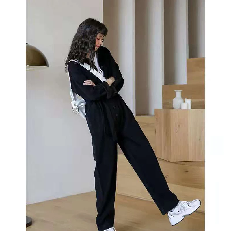 Workwear Jumpsuit Female 2021 New Autumn Handsome Fashion Corduroy High Waist Tie Straight Trousers Jumpsuit