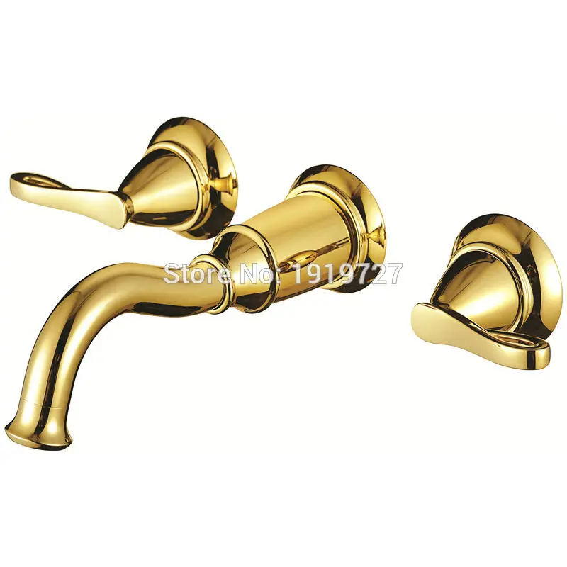 Vidric High Quality Unique Classic 3 Hole Wall Sink Basin Tap Bathroom Spout Faucet With Double Lever In Polished Gold included