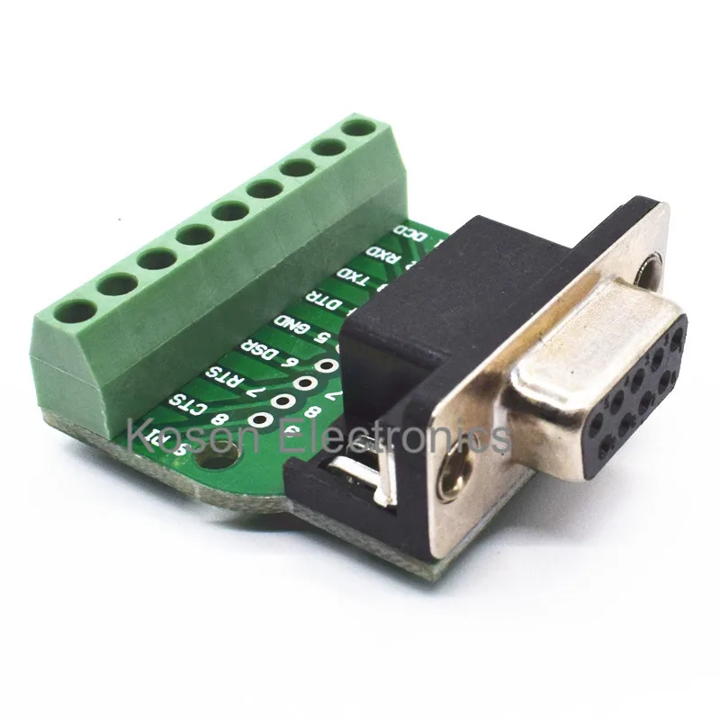 DB9 RS232 Serial to Terminal Female Adapter Connector Breakout Board Black+Green