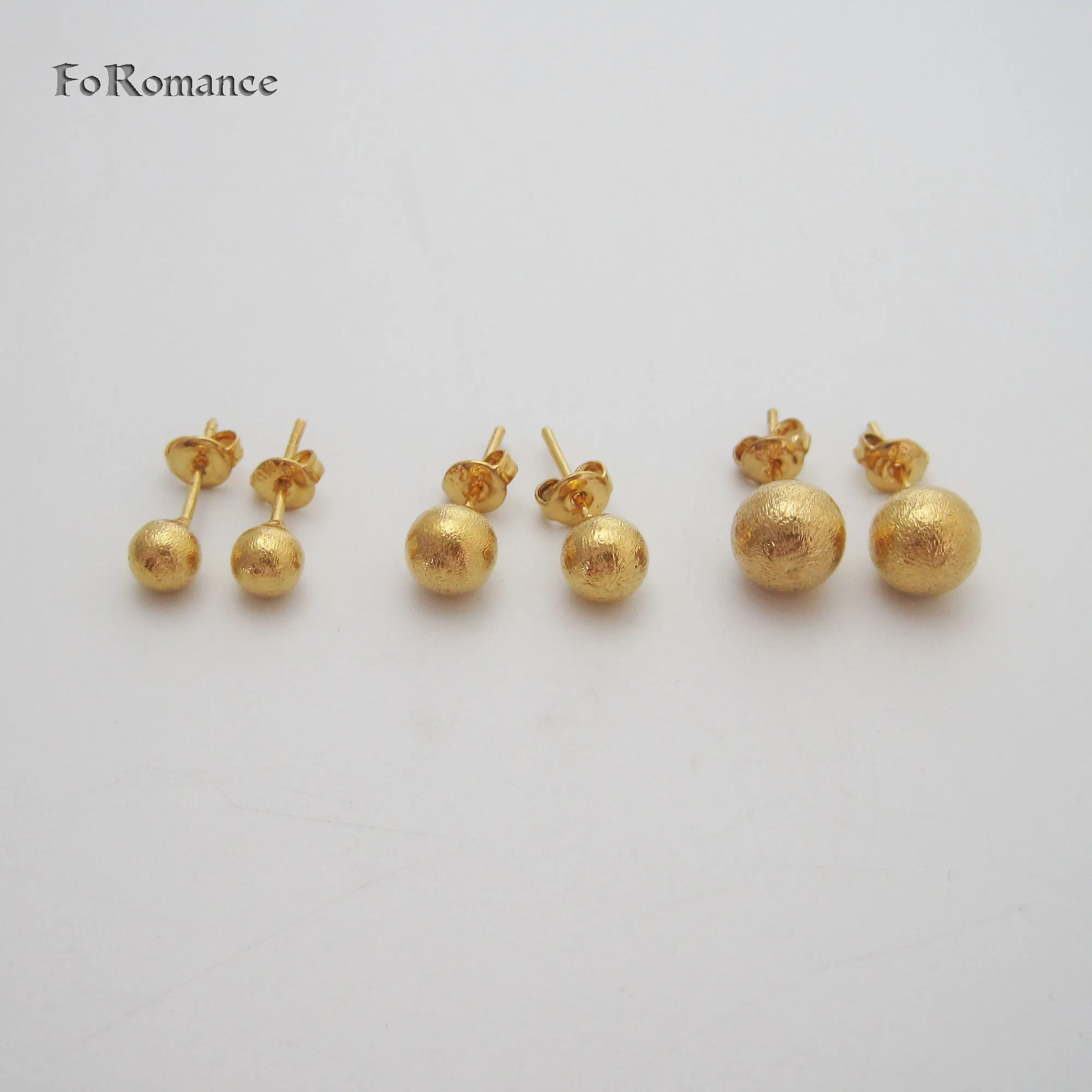 Foromance FULL SCRUB SURFACE BALL SHAPED 3 SIZES AVAILABLE YELLOW GOLD PLATED STUD EARRING ONE PAIR SHINING FACE GREAT GIFT