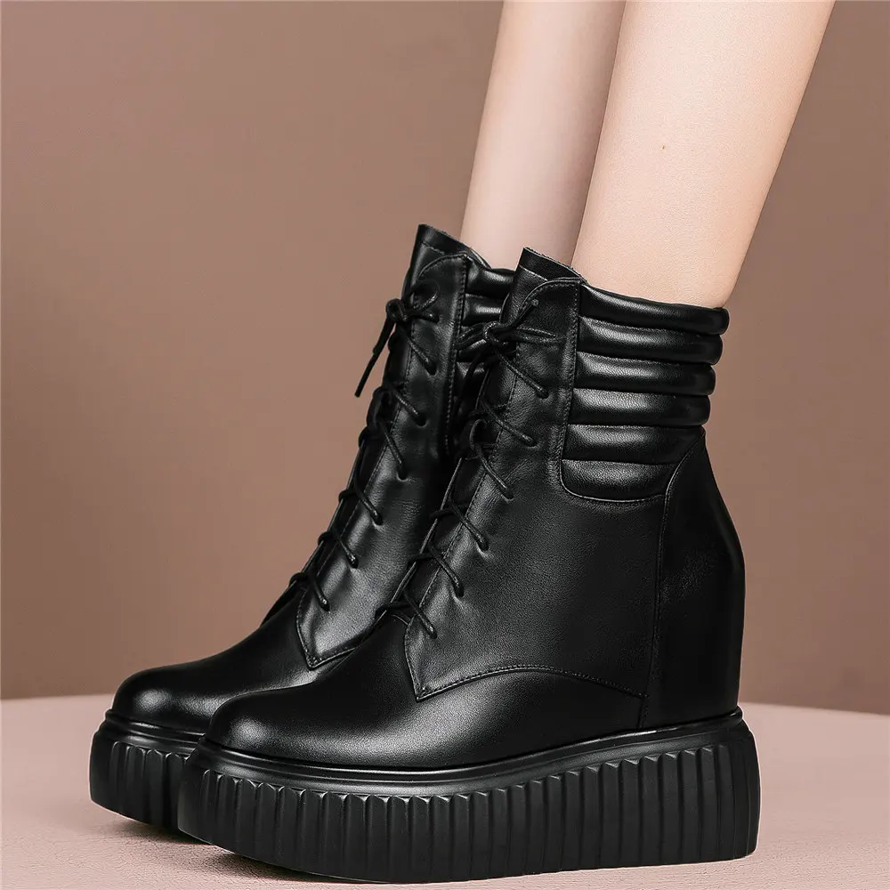 

High Top Pumps Shoes Women Lace Up Genuine Leather Wedges High Heel Ankle Boots Female Round Toe Fashion Sneakers Casual Shoes