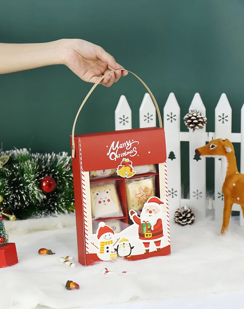 Christmas Gift Box Paper With Clear Window Santa Claus Snowman Candy Cookie Christmas Paper Bag With Handle 50pcs/lot