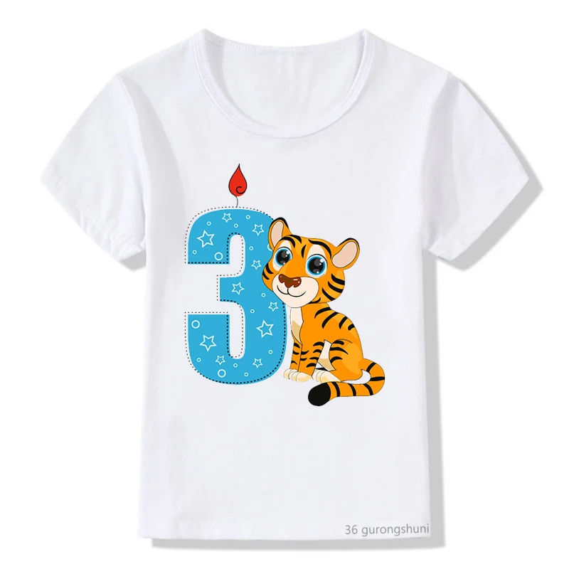 New Cute Kawaii Cartoon Tiger With Number 2-12 Happy Birthday T Shirt Kids T-Shirt Tees Top Young Children Little Girl Boy