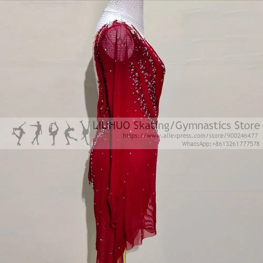 Figure Skating Dress Girl Ice Skating Competition Red Elegant Performance Rhythmic Ballroom Dance Leotard Artistic Costume Women