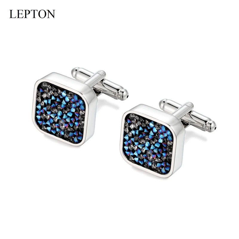 Lepton Luxury Crystal Cufflinks for Mens High Quality Silver Color Square Cuff Links Wedding Groom CuffLink Relojes Gemelos