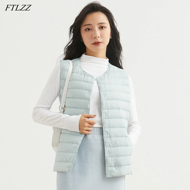 FTLZZ invierno Ultra luz Chaleco Corto las mujeres chaqueta de pato blanco abajo cálido sin mangas capa sólida rutina Slim Underwaist de prendas de