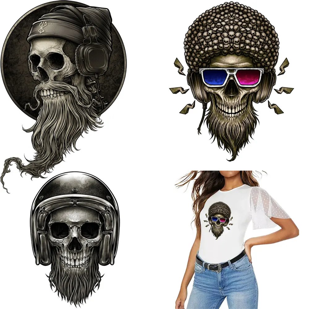 Iron On Transfer Punk Patches For Clothing Rock Skull  Heat Transfer Thermal Sticker DIY T-Shirts Decals Iron On Paches Stripes