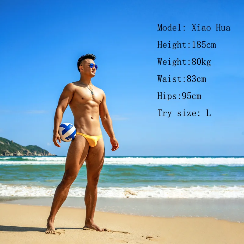 Sexy bright yellow men swimwear bikinis hot pouch gay men swim trunks briefs man tight ultra low waist half pack hip swimsuits