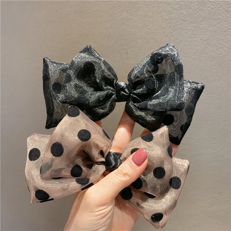 Korea spring and summer organza black bow polka dot hair rope net red hair head rope girl hair ring spring clip