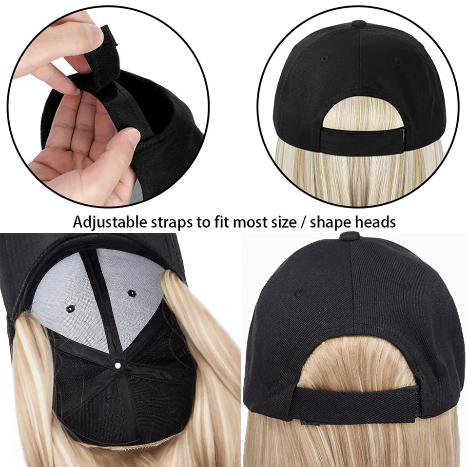 Benehair-Peluca de béisbol sintética de 6 pulgadas, gorro negro con pelo, gorro de peluca, gorra ajustable