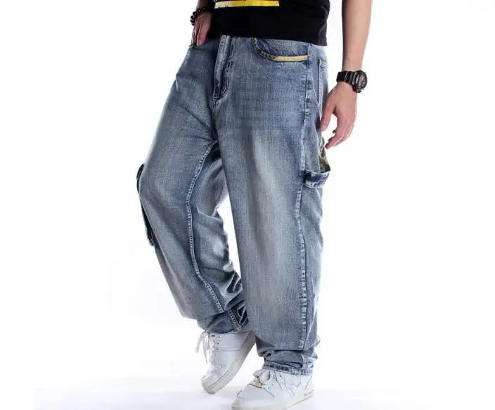 Baggy Style Men\'s Jeans HipHop Loose Big Pocket Boys Skateboard Rap Punk Distressed Blue Cowboy Trousers Plus Size 46