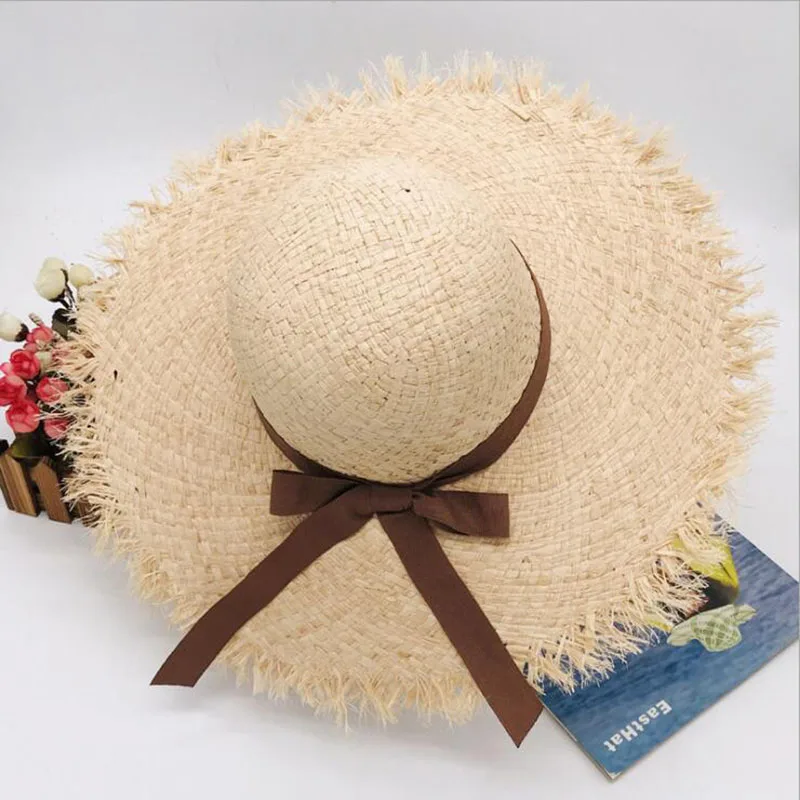 Wonderful summer raffia hat big brim raw edge hat for women sun beach hat high quality popular nice cool western women's hat