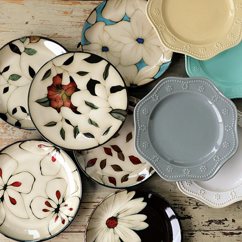 American Ceramic Tableware with Flowers Under Glaze, Porcelain Plate, Steak Plate, Kitchen Dishes, Breakfast Dessert Tray, 1 PC