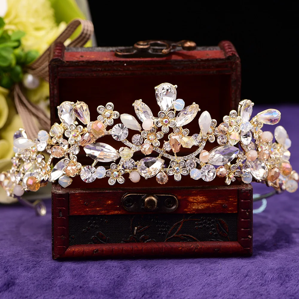 High Quality Colorful Fairy Handmade Rhinestone Crown Wedding Bridal Hair Accessories Jewelry Gift Box Packing CZC-2018