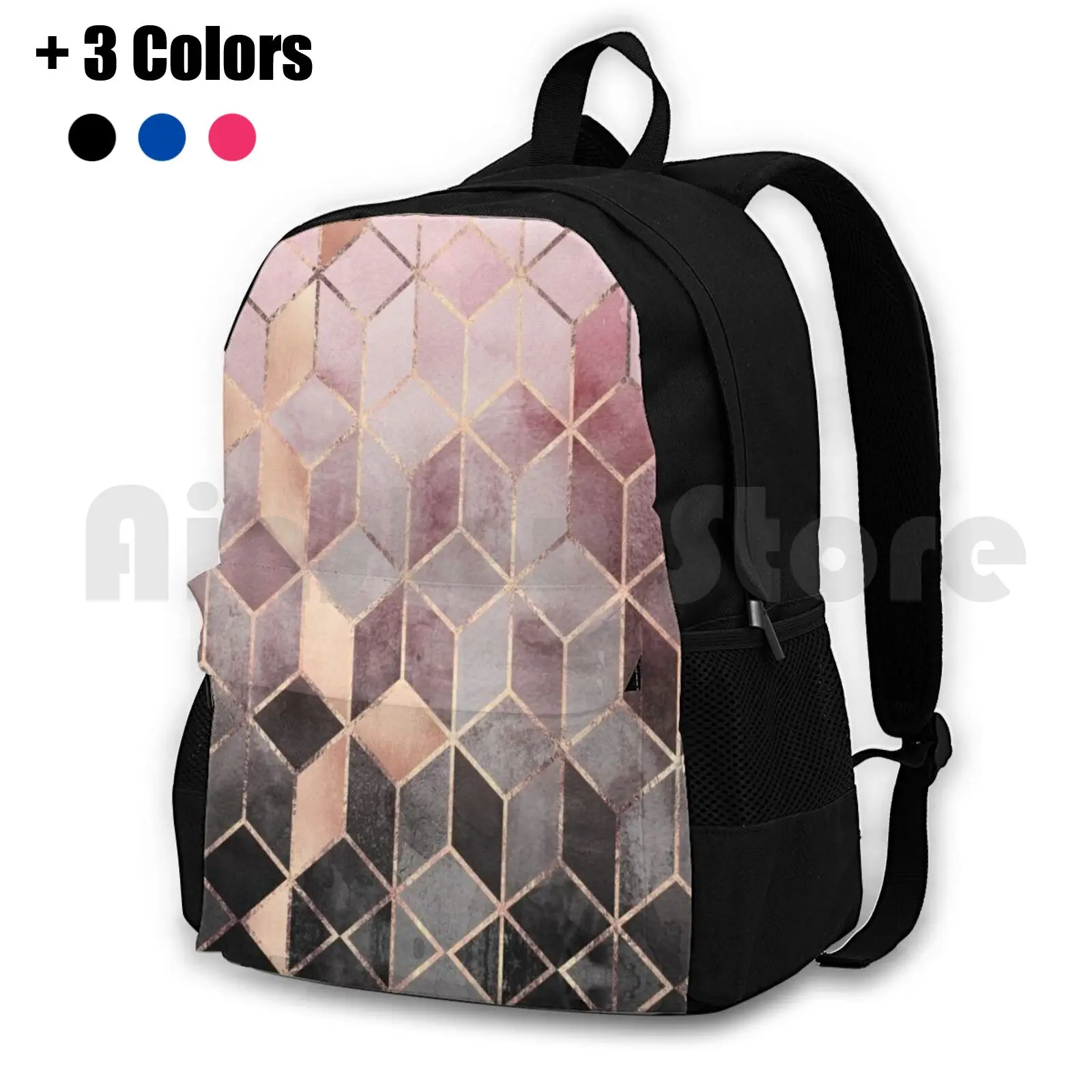 Pink And Grey Gradient Cubes Outdoor Hiking Backpack Waterproof Camping Travel Graphic Pattern Abstract Pink Geometric