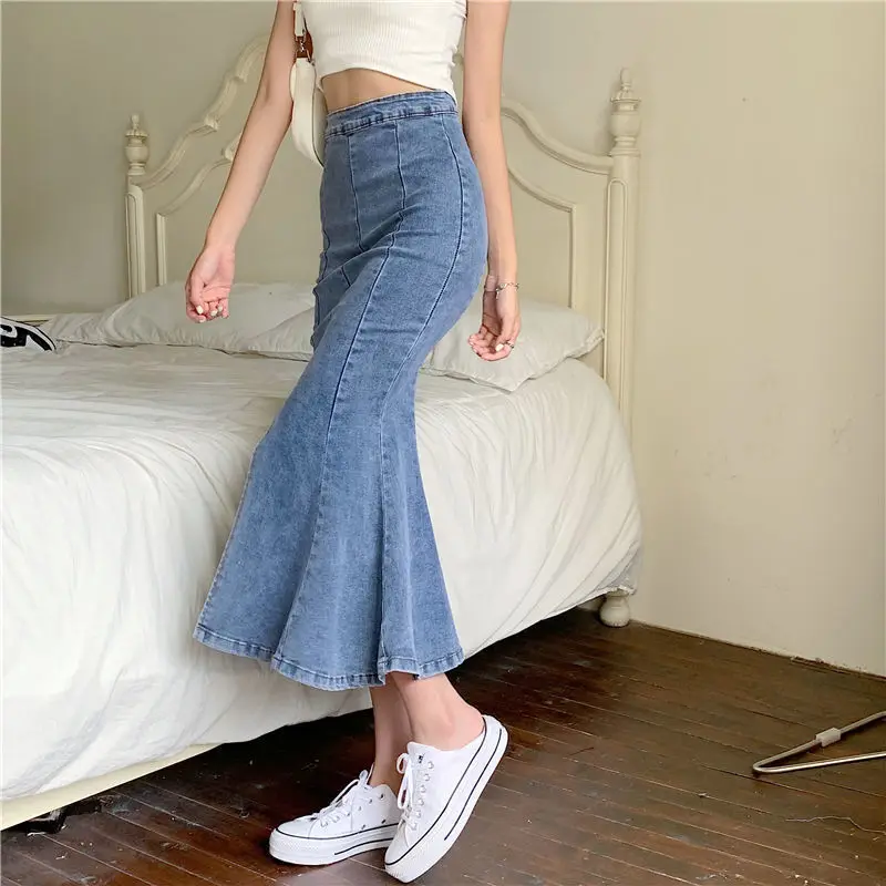 Skirts Women Slim Split Denim Vintage Design Sexy Temperament Trumpet Korean Style Ladies Empire Fashionable College Summer Ins