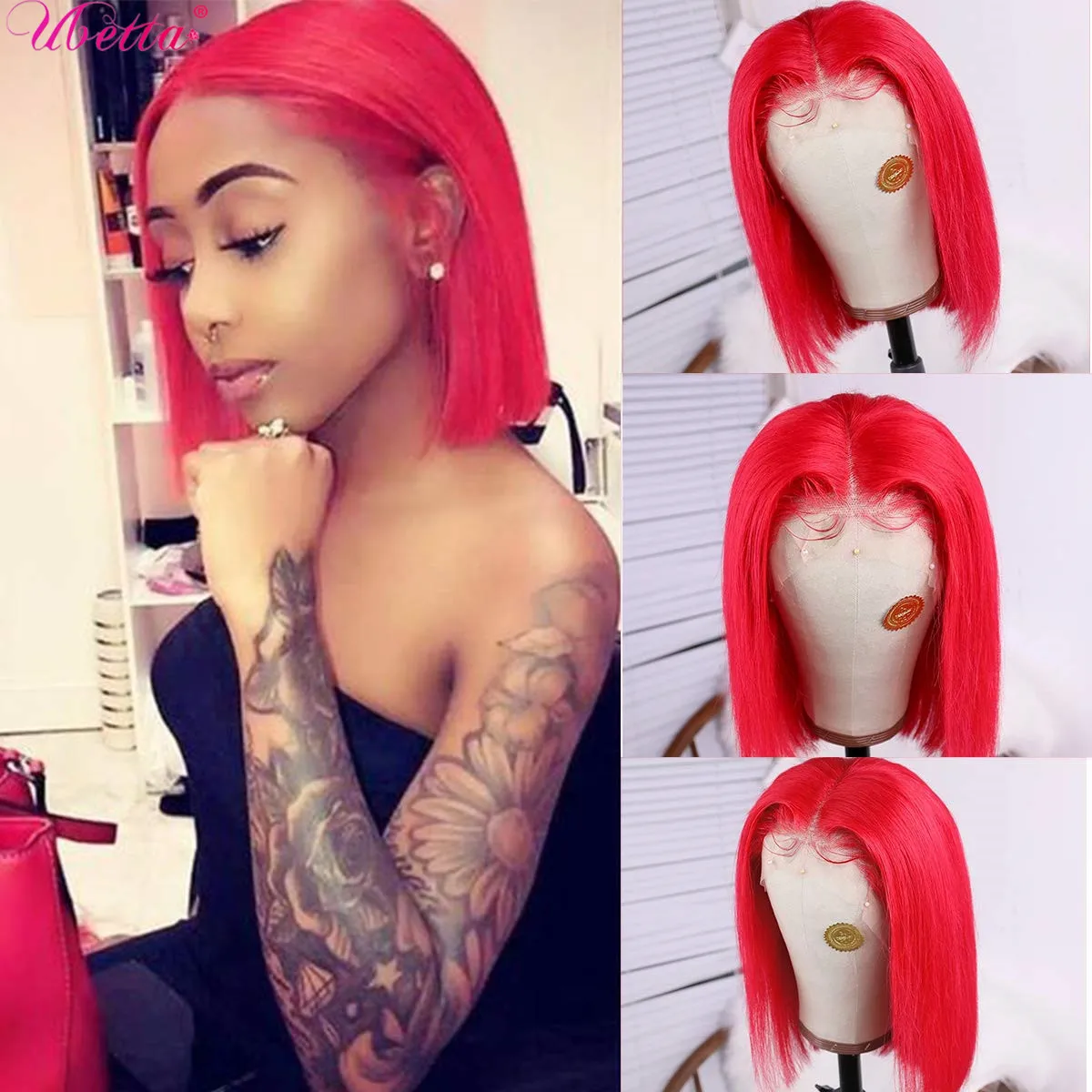 Colored Red Bob Wigs 13x4 Lace Front Human Hair Wigs Straight Lace Frontal Bob Wigs Glueness Free Part Virgin Hair 180% Density