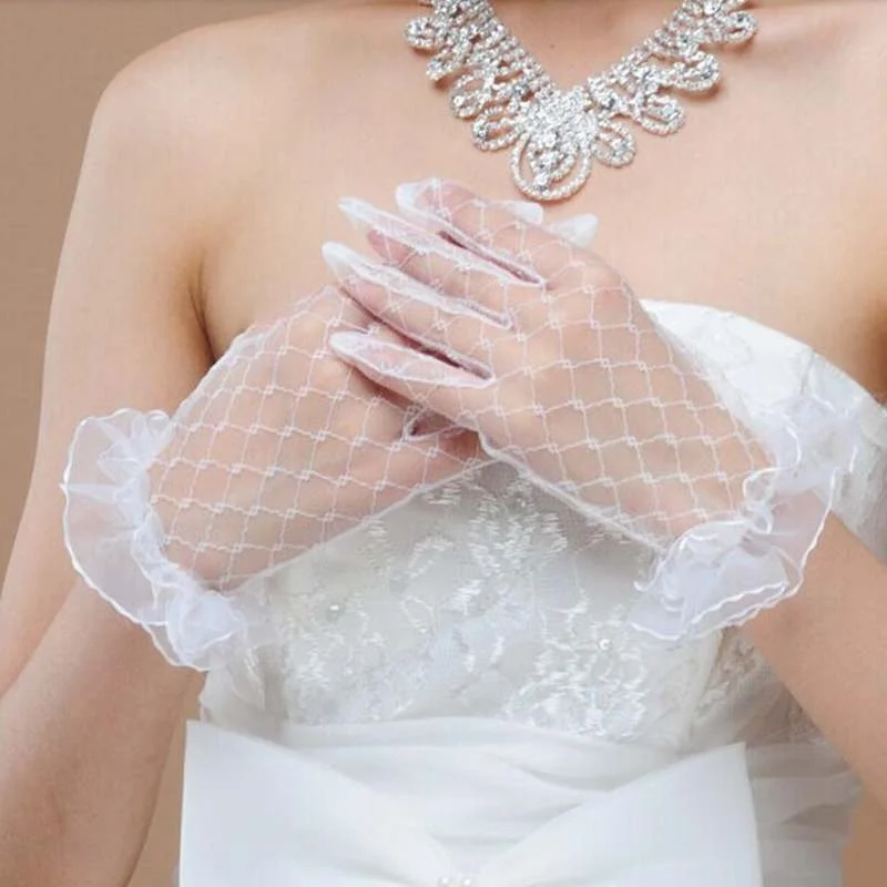 Bride Wedding Gloves White Short Design Lace Gauze Transparent Women 2025 UV-Proof Summer Fishnet Mitten