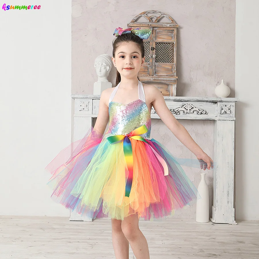 

Princess Rainbow Girls Dresses Kids Birthday Party Pageant Sequin Tutu Dress Colorful Handmade Tulle Children Ball Gown Clothes