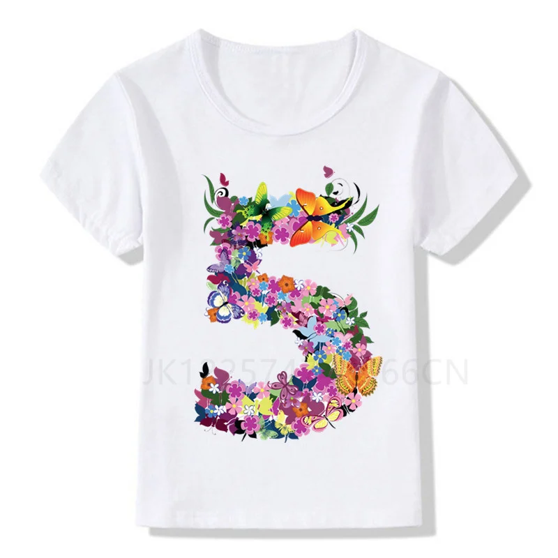 Kids Buterfly Flower 1-9 Birthday Number Print T Shirt Children Birthday Girl T-shirts Boy&Girl Funny Gift Tshirt Present