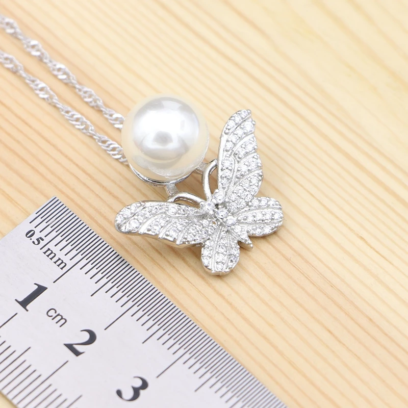 925 Silver Bridal Jewelry Sets White Cubic Zirconia Pearl for Women Butterfly Earrings/Ring/Pendant/Necklace view 3