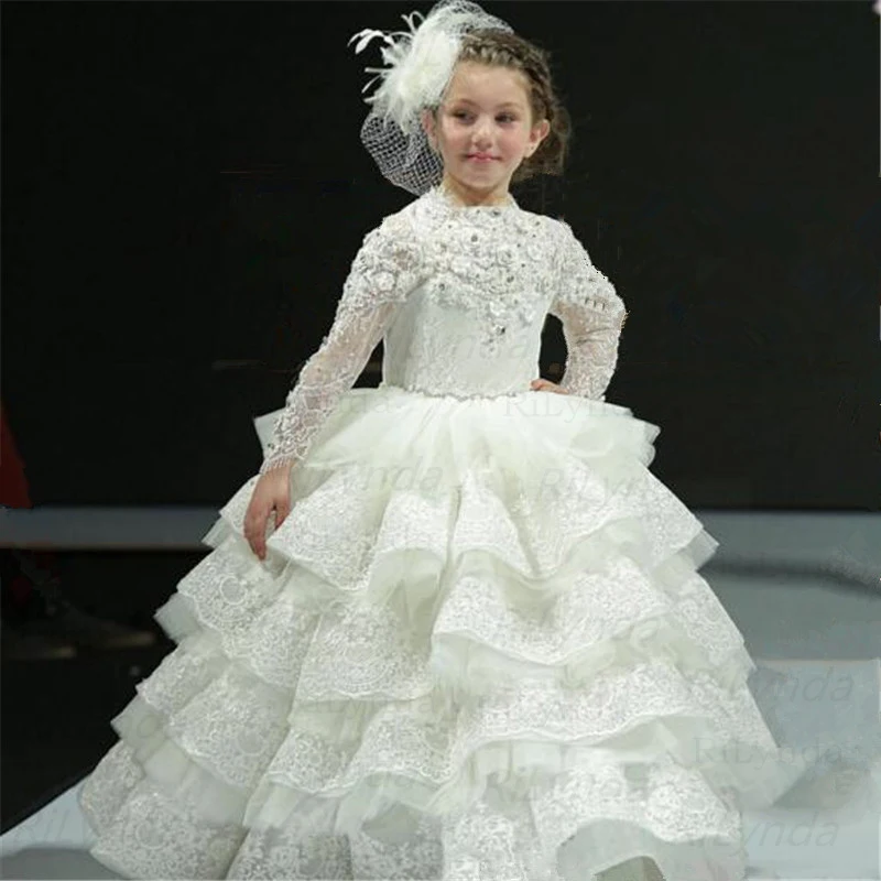 Weiß Prinzessin Mädchen Pageant Kleider Lange Ärmeln Spitze Tiered Blumen Mädchen Kleider Für Hochzeit Baby Mädchen Geburtstag Party Kleid Cust