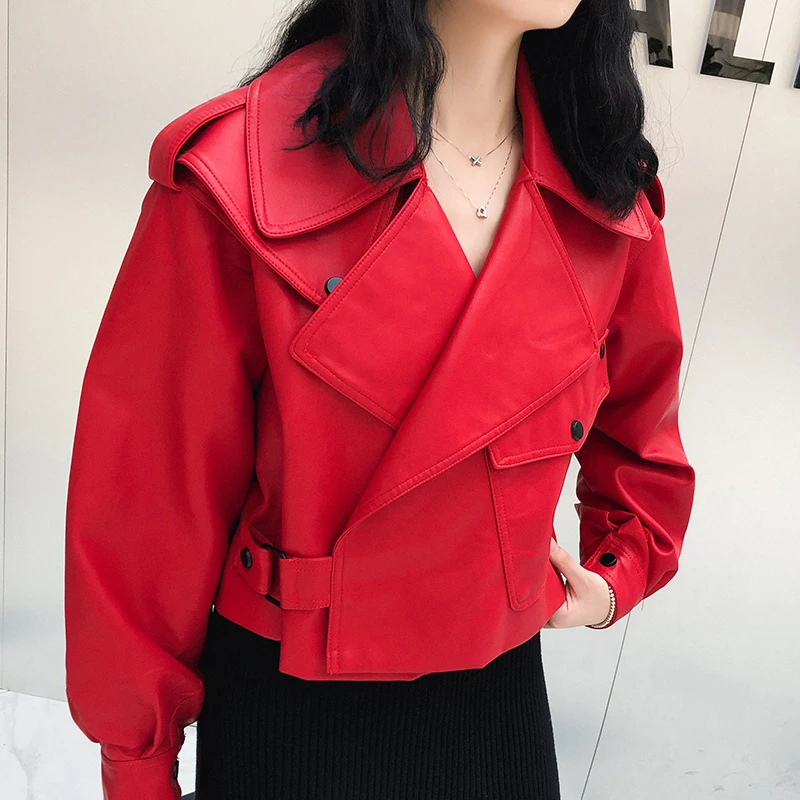 Pu Motorcycle Biker Red Coat Spring Women Faux Leather Jacket Turndown Collar Loose Streetwear Black Punk Outerwear