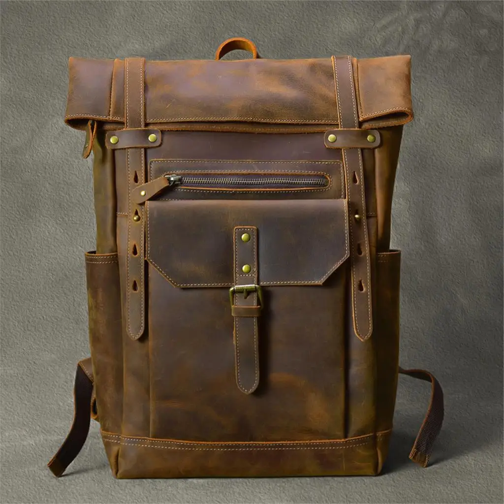 Vintage Crazy Horse Genuine Leather Backpack for Men Bagpack Retro Student School Backpack Bag Travel Rucksack Large Capacity