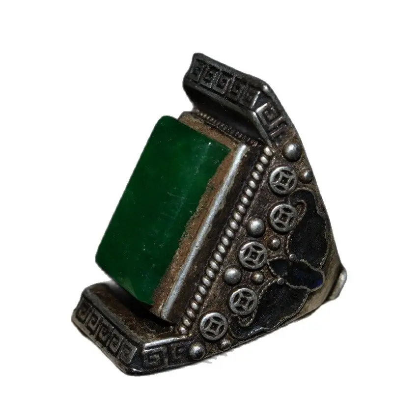 Chinese Old Craft Seiko Made Inlaid Jade Tibetan Silver Ring