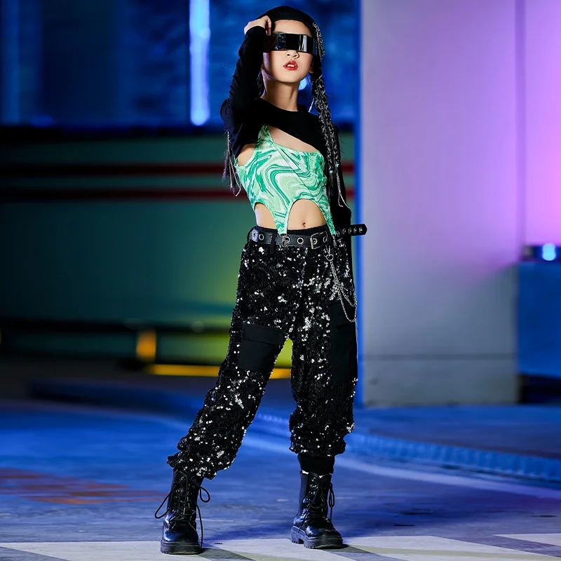 Stock Kpop Jazz Dance Outfit Mädchen Hip Hop Dancewear Kinder Street Dance Kostüm Pailletten Cargo Hosen Rave Festival Kleidung