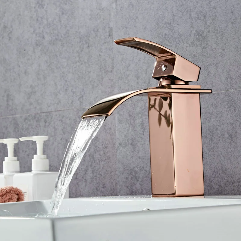 Samoel Rose Golden Bathroom Sink Faucet Brass Polish Deck Mounted Rose Gold Waterfall Basin Mixer Tap RS338